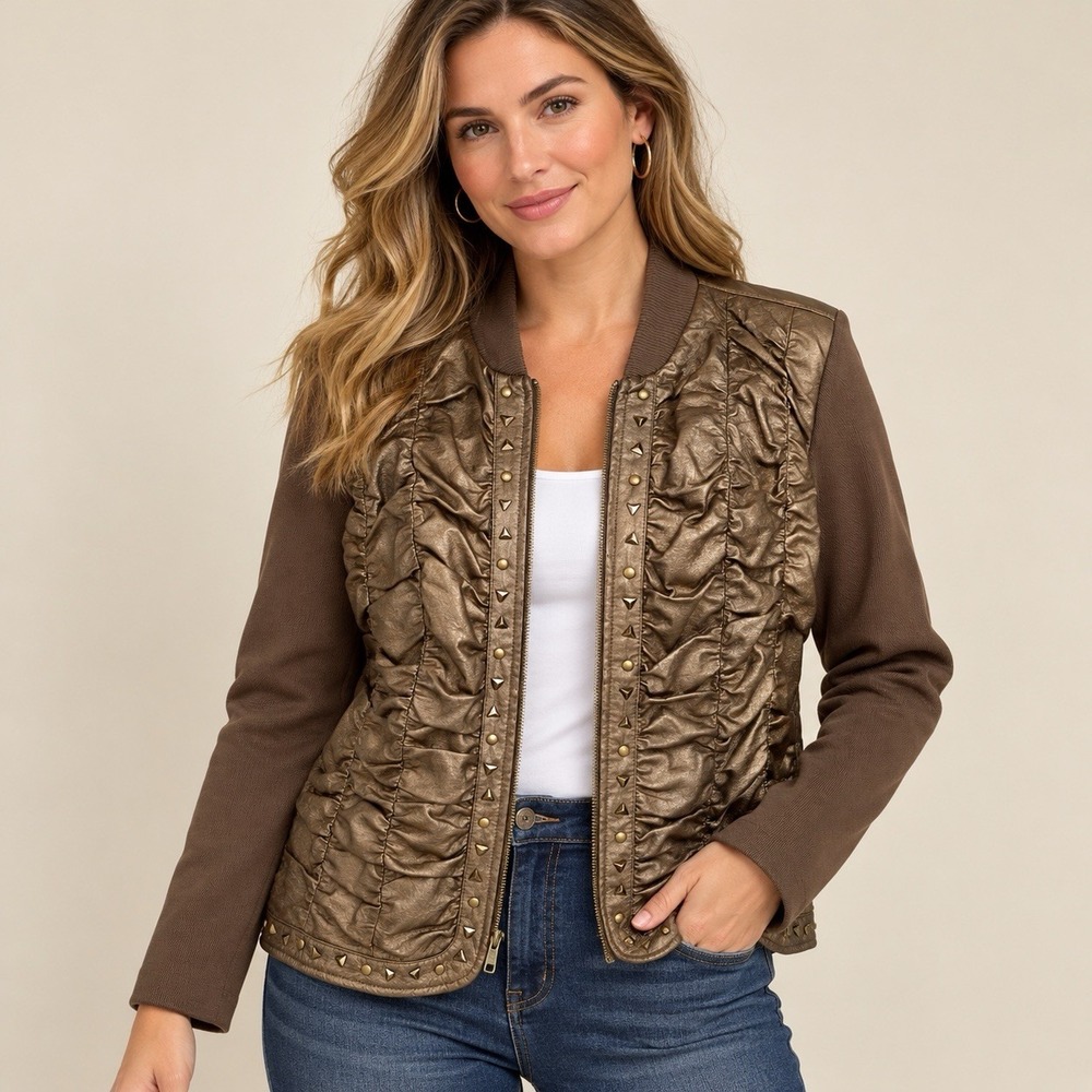 Peter Nygard Women's XL Bronze Metallic Leather Ruched Studded Knit Jacket